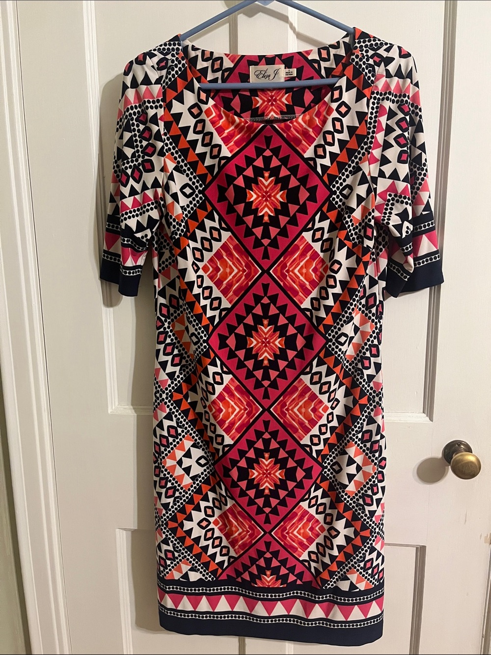 Eliza J Geometric Midi Dress in Pink, Navy & White